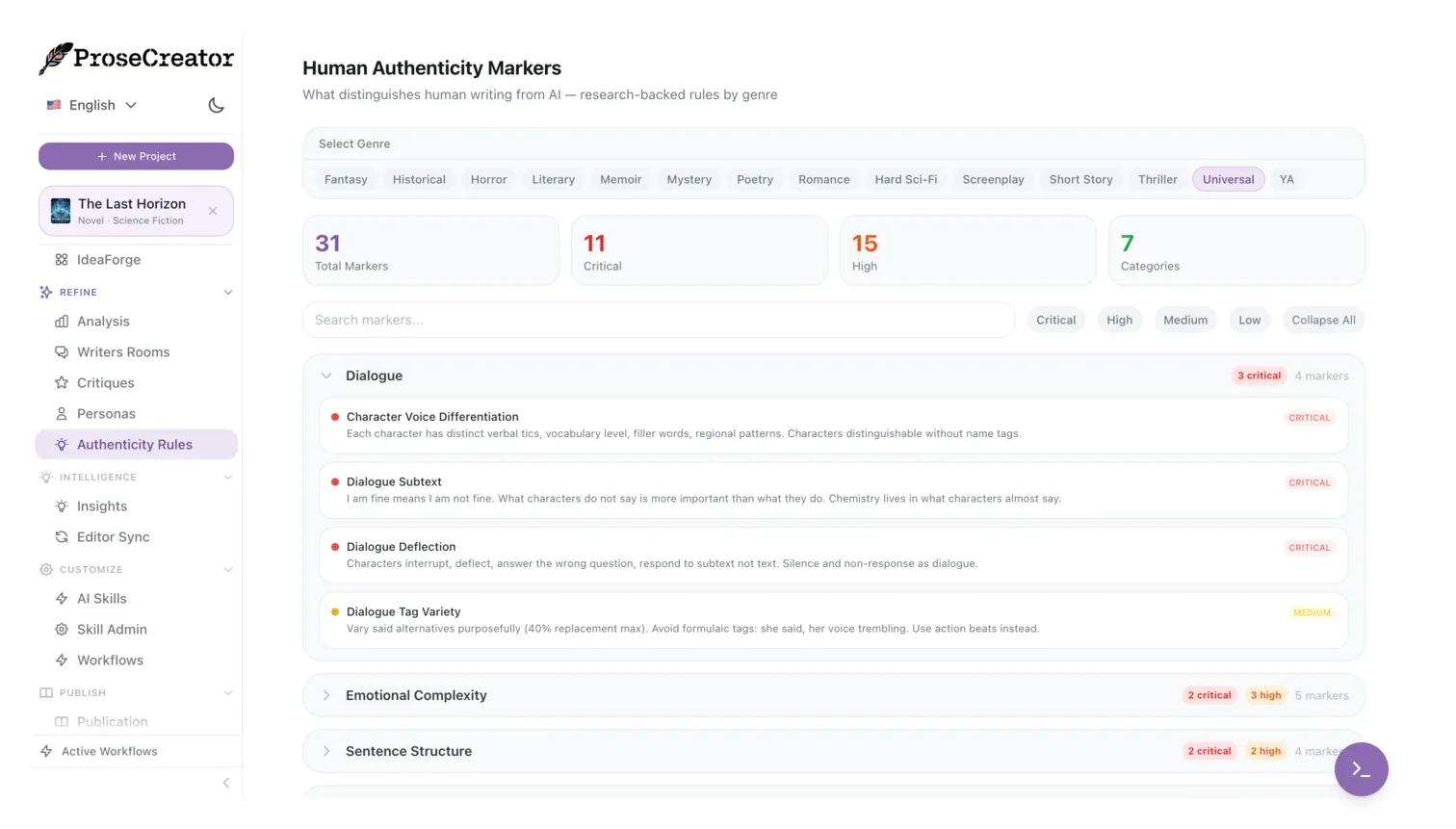 Authenticity markers dashboard