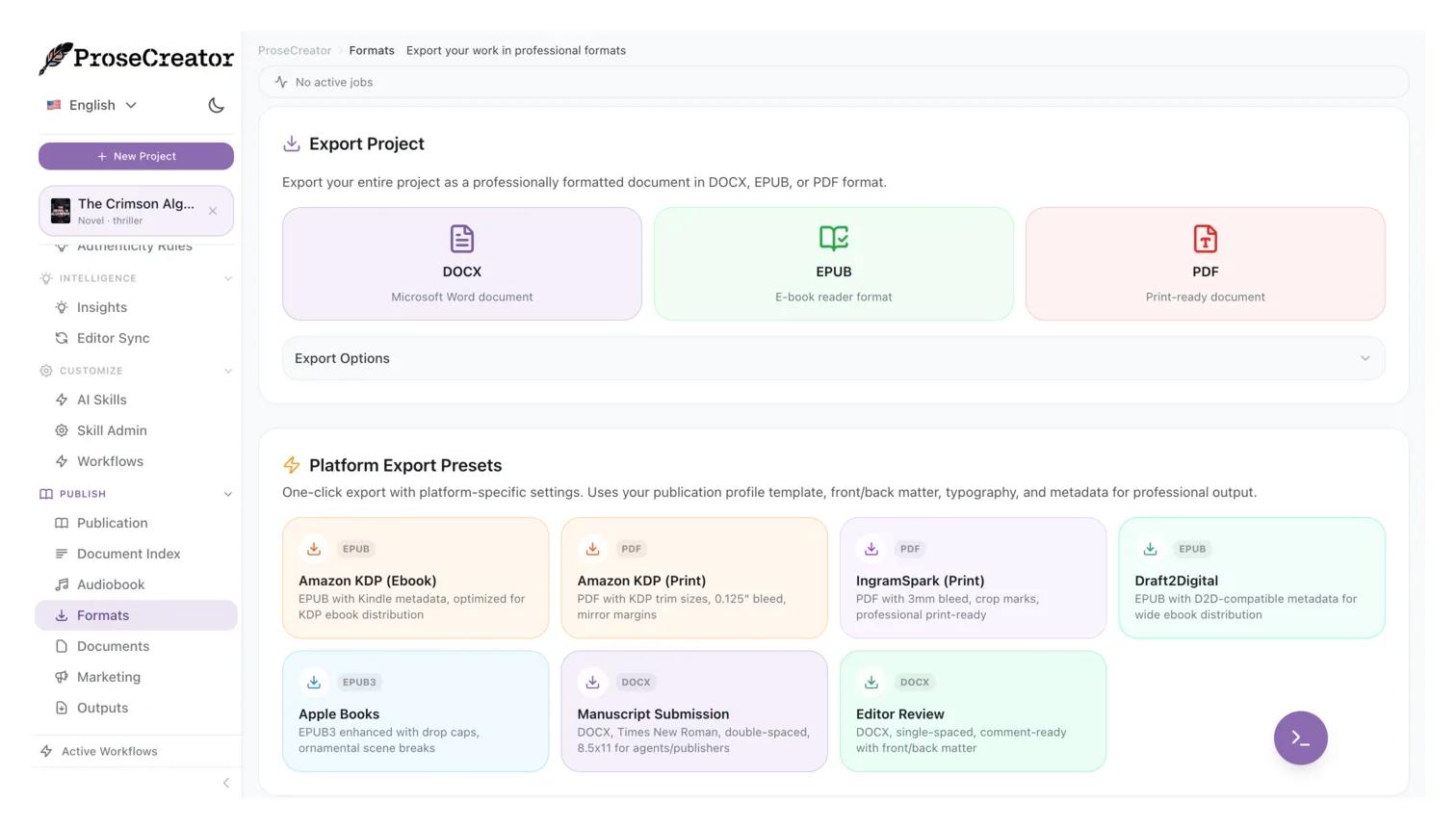 Export formats and platform presets in ProseCreator