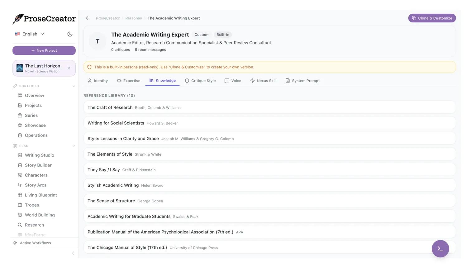 Critique persona reference library with eight specialized editors