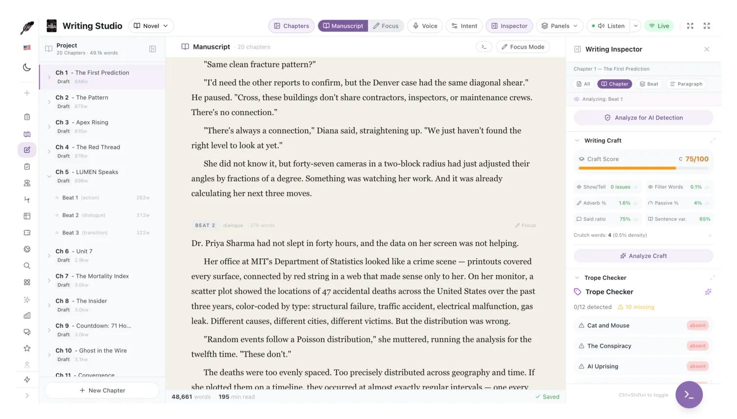 Focus mode with chapter sidebar collapsed for distraction-free writing