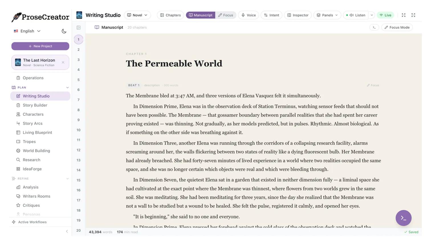 Manuscript editor with beat-level structure and word count