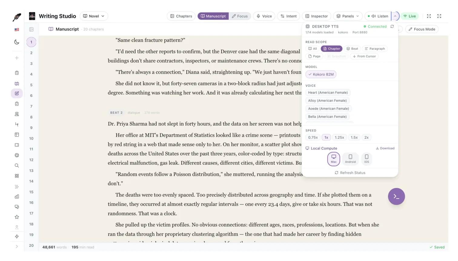 Text-to-speech panel with voice profile selection