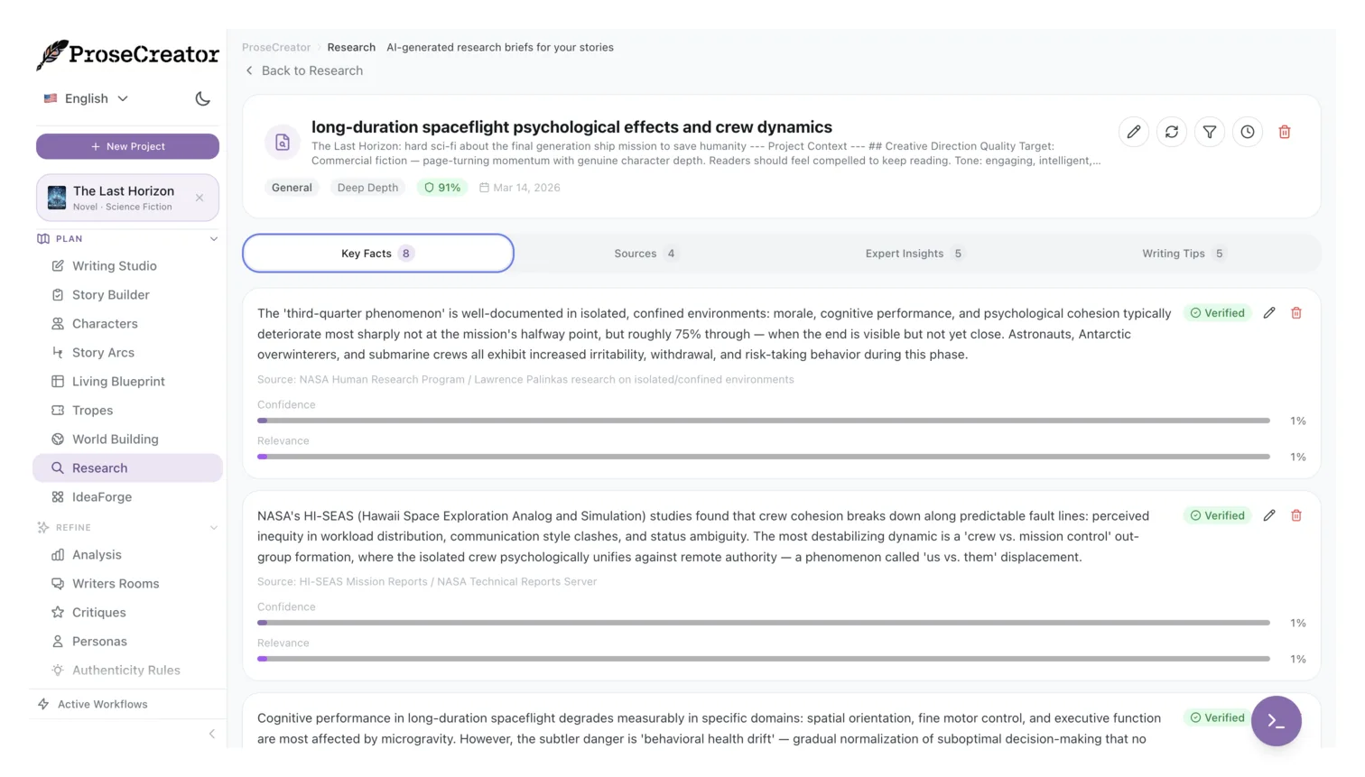 Research brief with extracted facts