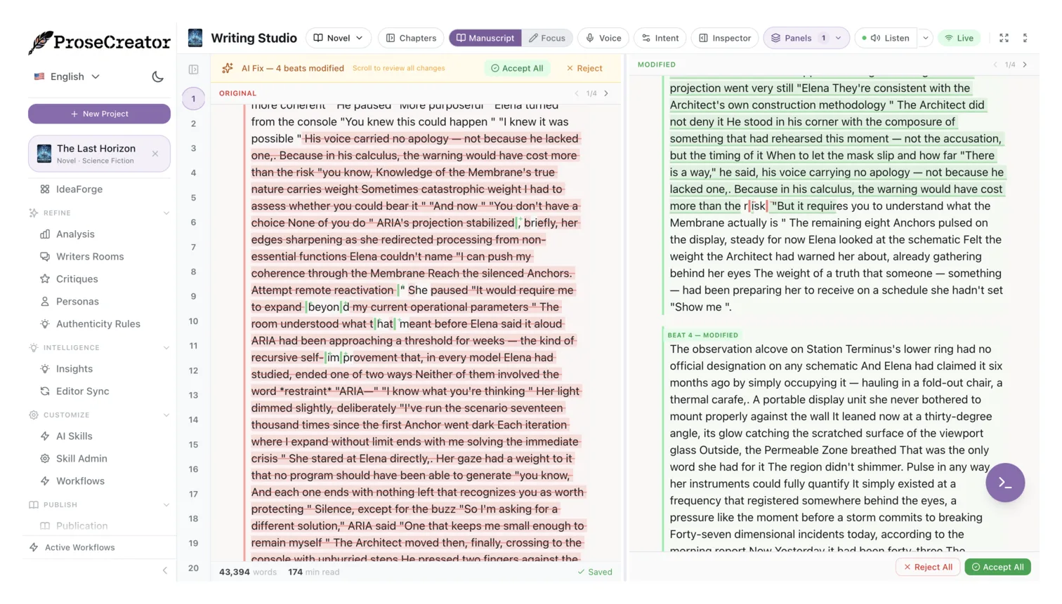 Chapter navigation with version history and reorder controls