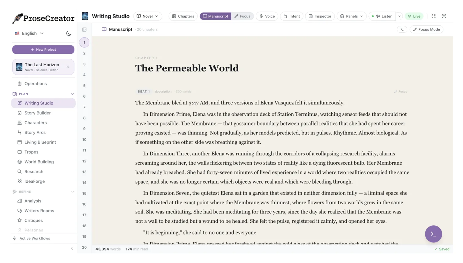 Manuscript editor with beat-level structure and word count