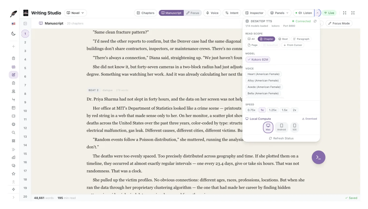 Text-to-speech panel with voice profile selection